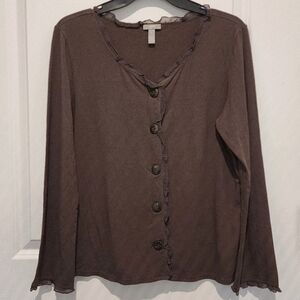 J. Jill Stretch Ruffle Front Brown Cardigan Women's Medium Petite MP Office EUC